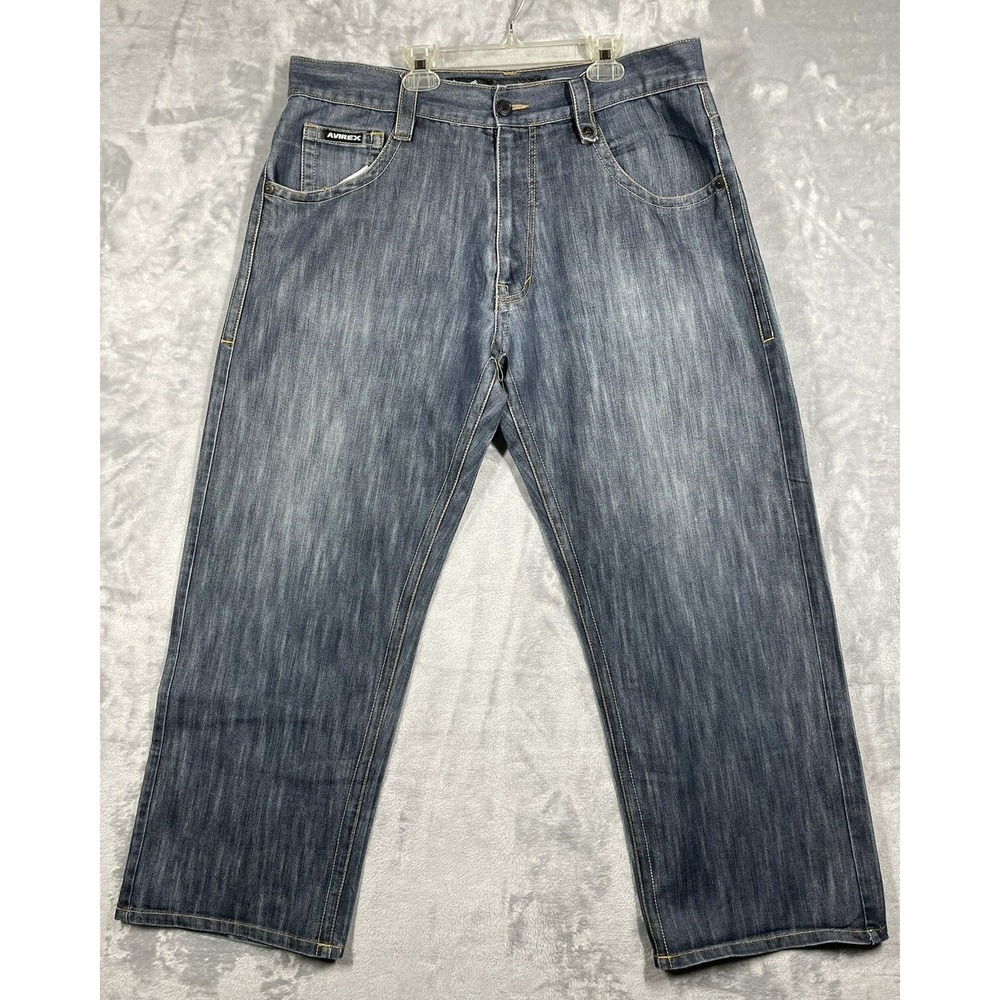 Avirex Mens Relaxed Fit Wide Leg Blue Denim Jeans 38x29 Vertical Grain Fade